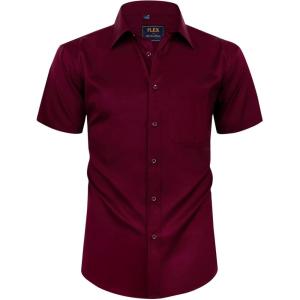 Alimens & Gentle Mens Short Sleeve Dress Shirts Wrinkle Free Solid Casual Button Down Shirts with Pocket(A-wine Red)