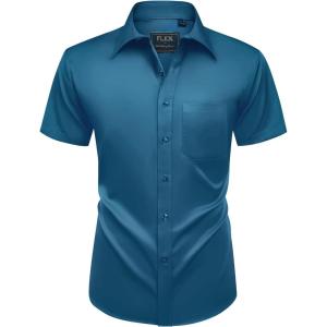 Alimens & Gentle Mens Short Sleeve Dress Shirts Wrinkle Free Solid Casual Button Down Shirts with Pocket(Azure Blue)