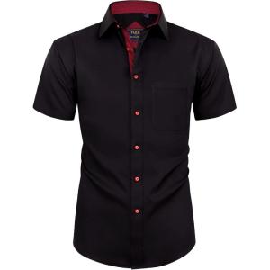 Alimens & Gentle Mens Short Sleeve Dress Shirts Wrinkle Free Solid Casual Button Down Shirts with Pocket(Black Red)