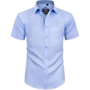 Alimens & Gentle Mens Short Sleeve Dress Shirts Wrinkle Free Solid Casual Button Down Shirts with Pocket(Blue)