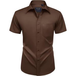 Alimens & Gentle Mens Short Sleeve Dress Shirts Wrinkle Free Solid Casual Button Down Shirts with Pocket(Brown)