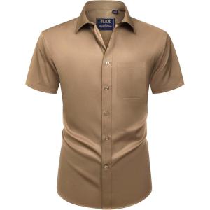 Alimens & Gentle Mens Short Sleeve Dress Shirts Wrinkle Free Solid Casual Button Down Shirts with Pocket(Dark Khaki)