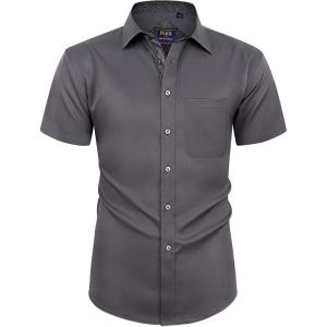 Alimens & Gentle Mens Short Sleeve Dress Shirts Wrinkle Free Solid Casual Button Down Shirts with Pocket(Grey)