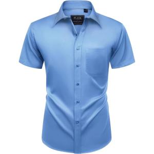 Alimens & Gentle Mens Short Sleeve Dress Shirts Wrinkle Free Solid Casual Button Down Shirts with Pocket(Indigo Blue)