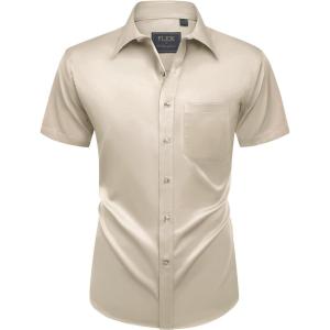 Alimens & Gentle Mens Short Sleeve Dress Shirts Wrinkle Free Solid Casual Button Down Shirts with Pocket(Khaki)