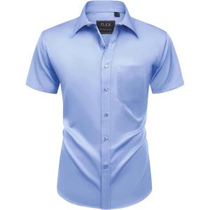 Alimens & Gentle Mens Short Sleeve Dress Shirts Wrinkle Free Solid Casual Button Down Shirts with Pocket(Light Blue)