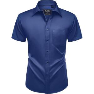 Alimens & Gentle Mens Short Sleeve Dress Shirts Wrinkle Free Solid Casual Button Down Shirts with Pocket(Navy)