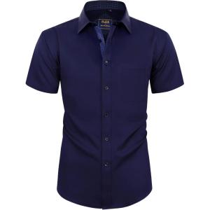 Alimens & Gentle Mens Short Sleeve Dress Shirts Wrinkle Free Solid Casual Button Down Shirts with Pocket(Navy Blue)