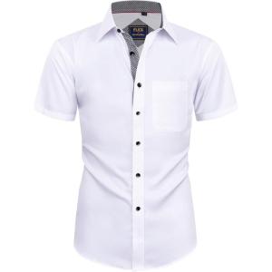 Alimens & Gentle Mens Short Sleeve Dress Shirts Wrinkle Free Solid Casual Button Down Shirts with Pocket(White Grey)