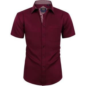 Alimens & Gentle Mens Short Sleeve Dress Shirts Wrinkle Free Solid Casual Button Down Shirts with Pocket(Wine Red)