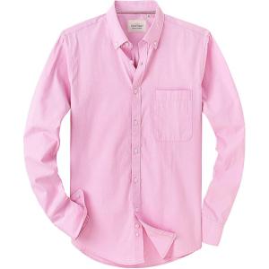 Alimens & Gentle Mens Solid Oxford Shirt Long Sleeve Dress Shirt Work Casual Button Down Shirts with Pocket(Pink)