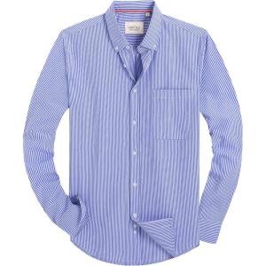 Alimens & Gentle Mens Solid Oxford Shirt Long Sleeve Dress Shirt Work Casual Button Down Shirts with Pocket(Striped-light Blue)