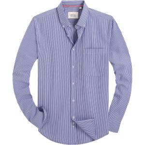 Alimens & Gentle Mens Solid Oxford Shirt Long Sleeve Dress Shirt Work Casual Button Down Shirts with Pocket(Striped-navy Blue)