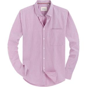 Alimens & Gentle Mens Solid Oxford Shirt Long Sleeve Dress Shirt Work Casual Button Down Shirts with Pocket(Striped-pink)