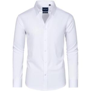 Alimens & Gentle Slim Fit Dress Shirts for Men Long Sleeve Stretch Stain Proof Wrinkle Free Button Down Shirts Formal Shirts(All White)
