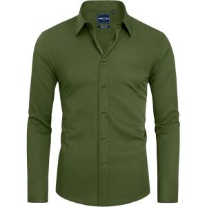 Alimens & Gentle Slim Fit Dress Shirts for Men Long Sleeve Stretch Stain Proof Wrinkle Free Button Down Shirts Formal Shirts(Army Green)