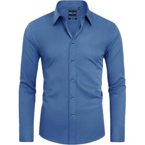 Alimens & Gentle Slim Fit Dress Shirts for Men Long Sleeve Stretch Stain Proof Wrinkle Free Button Down Shirts Formal Shirts(Blue Mood)
