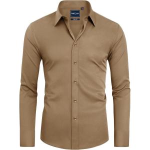 Alimens & Gentle Slim Fit Dress Shirts for Men Long Sleeve Stretch Stain Proof Wrinkle Free Button Down Shirts Formal Shirts(Dark Khaki)