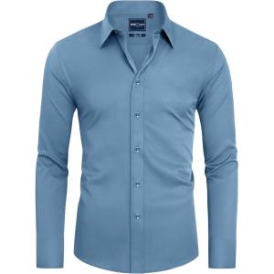 Alimens & Gentle Slim Fit Dress Shirts for Men Long Sleeve Stretch Stain Proof Wrinkle Free Button Down Shirts Formal Shirts(Denim Blue)