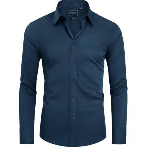 Alimens & Gentle Slim Fit Dress Shirts for Men Long Sleeve Stretch Stain Proof Wrinkle Free Button Down Shirts Formal Shirts(Light Navy)