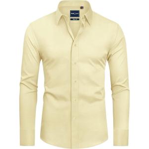 Alimens & Gentle Slim Fit Dress Shirts for Men Long Sleeve Stretch Stain Proof Wrinkle Free Button Down Shirts Formal Shirts(Light Yellow)
