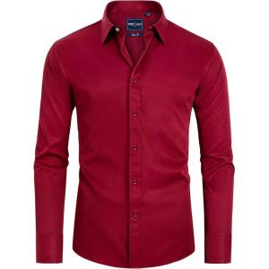 Alimens & Gentle Slim Fit Dress Shirts for Men Long Sleeve Stretch Stain Proof Wrinkle Free Button Down Shirts Formal Shirts(Red)