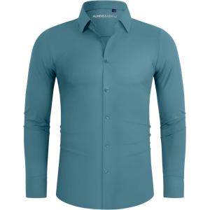 Alimens & Gentle Stretch Mens Dress Shirts Slim Fit Long Sleeve Casual Skinny Muscle Fit Wrinkle Free Button Down Shirt(Blue Heaven)