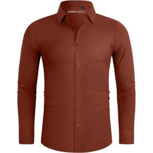 Alimens & Gentle Stretch Mens Dress Shirts Slim Fit Long Sleeve Casual Skinny Muscle Fit Wrinkle Free Button Down Shirt(Brown)