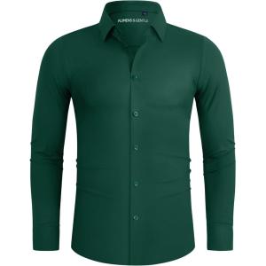 Alimens & Gentle Stretch Mens Dress Shirts Slim Fit Long Sleeve Casual Skinny Muscle Fit Wrinkle Free Button Down Shirt(Green)