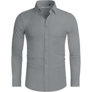 Alimens & Gentle Stretch Mens Dress Shirts Slim Fit Long Sleeve Casual Skinny Muscle Fit Wrinkle Free Button Down Shirt(Grey)