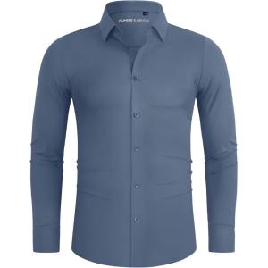 Alimens & Gentle Stretch Mens Dress Shirts Slim Fit Long Sleeve Casual Skinny Muscle Fit Wrinkle Free Button Down Shirt(Infinity Blue)