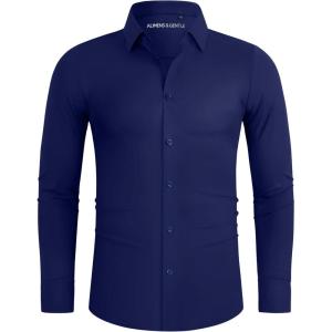 Alimens & Gentle Stretch Mens Dress Shirts Slim Fit Long Sleeve Casual Skinny Muscle Fit Wrinkle Free Button Down Shirt(Navy Blue)