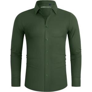 Alimens & Gentle Stretch Mens Dress Shirts Slim Fit Long Sleeve Casual Skinny Muscle Fit Wrinkle Free Button Down Shirt(Olive)