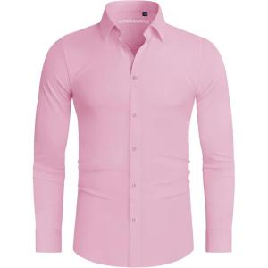 Alimens & Gentle Stretch Mens Dress Shirts Slim Fit Long Sleeve Casual Skinny Muscle Fit Wrinkle Free Button Down Shirt(Pink)