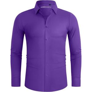 Alimens & Gentle Stretch Mens Dress Shirts Slim Fit Long Sleeve Casual Skinny Muscle Fit Wrinkle Free Button Down Shirt(Purple)