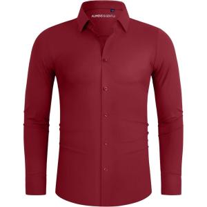 Alimens & Gentle Stretch Mens Dress Shirts Slim Fit Long Sleeve Casual Skinny Muscle Fit Wrinkle Free Button Down Shirt(Ruby Red)