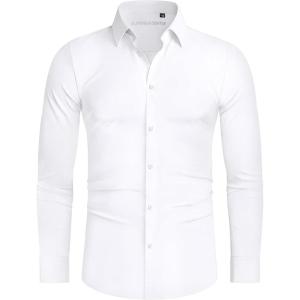 Alimens & Gentle Stretch Mens Dress Shirts Slim Fit Long Sleeve Casual Skinny Muscle Fit Wrinkle Free Button Down Shirt(White)
