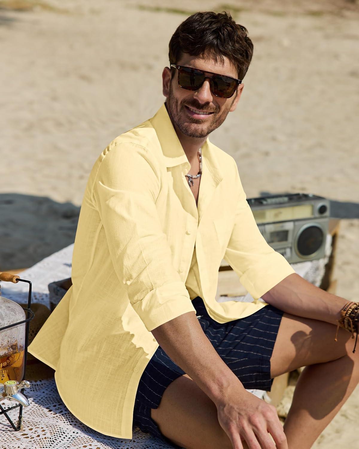imageAlimens amp Gentle Linen Shirts for Men Long Sleeve Casual Cotton Button Down Shirts Summer Beach Wedding Tops with PocketYellow