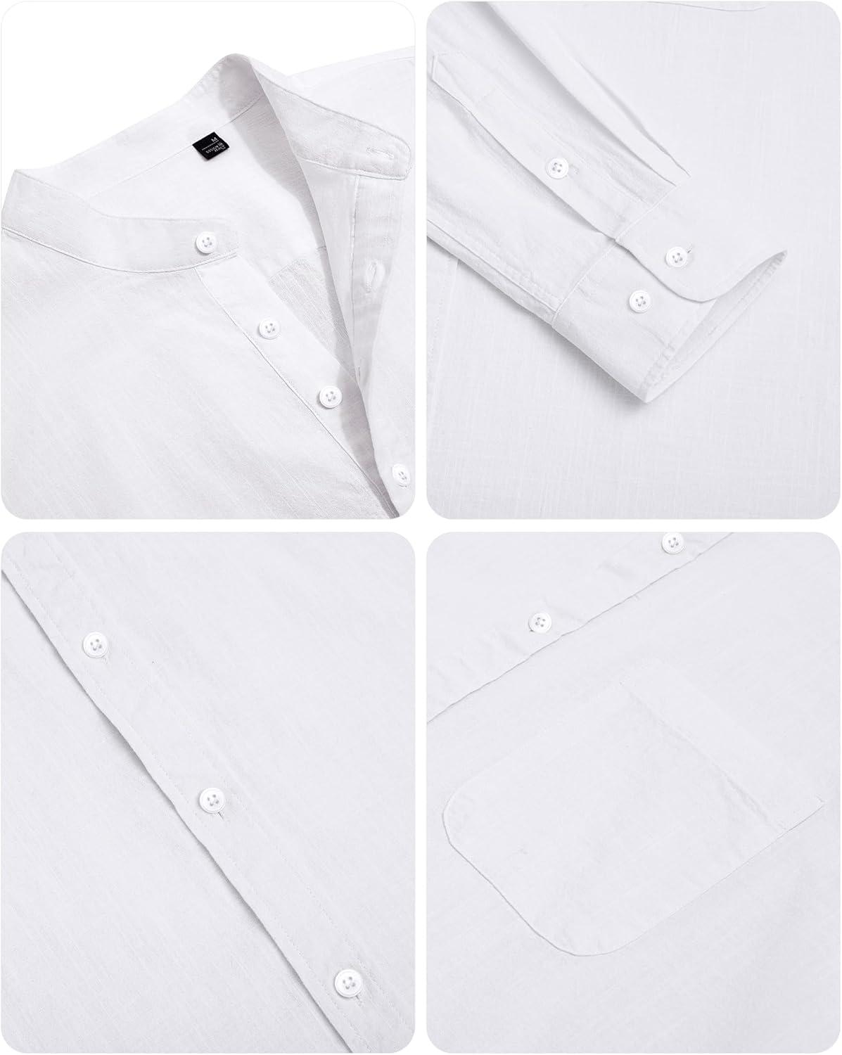 imageAlimens amp Gentle Mens Cotton Linen Shirts Long Sleeve Button Down Shirt Band Collar Beach ShirtsAll White