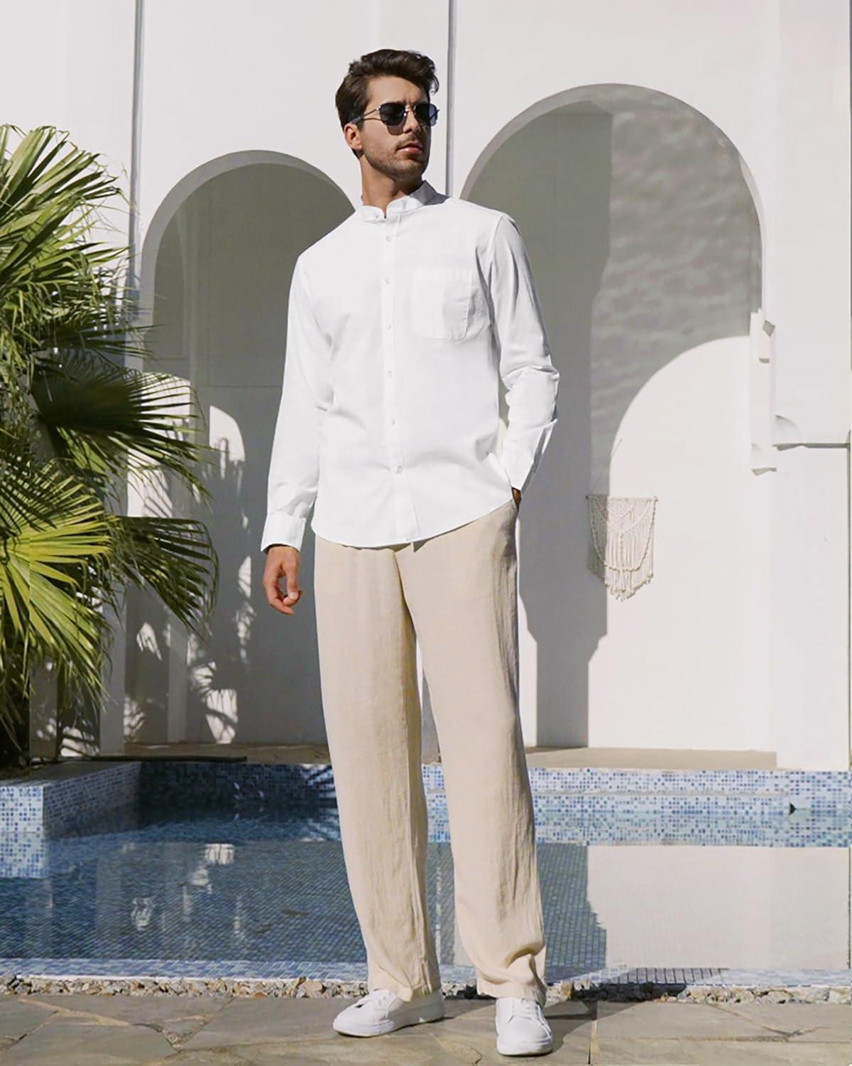 imageAlimens amp Gentle Mens Cotton Linen Shirts Long Sleeve Button Down Shirt Band Collar Beach ShirtsAll White