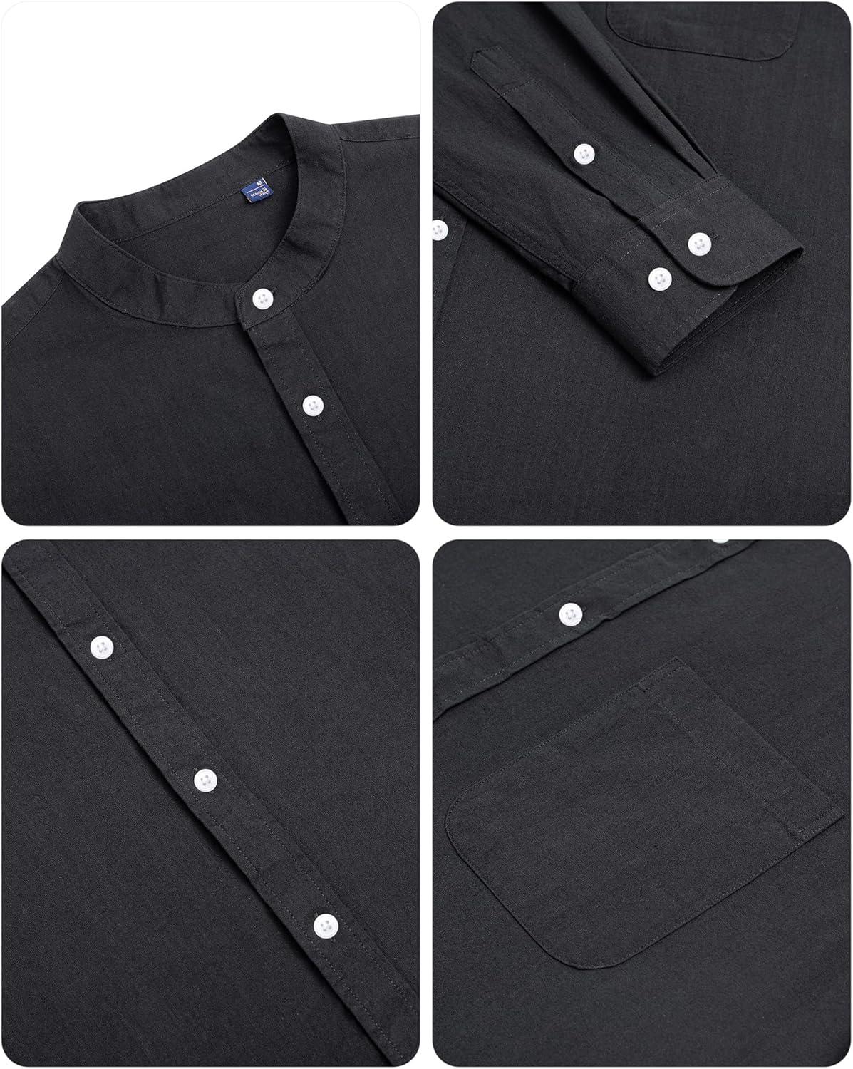 imageAlimens amp Gentle Mens Cotton Linen Shirts Long Sleeve Button Down Shirt Band Collar Beach ShirtsBlack