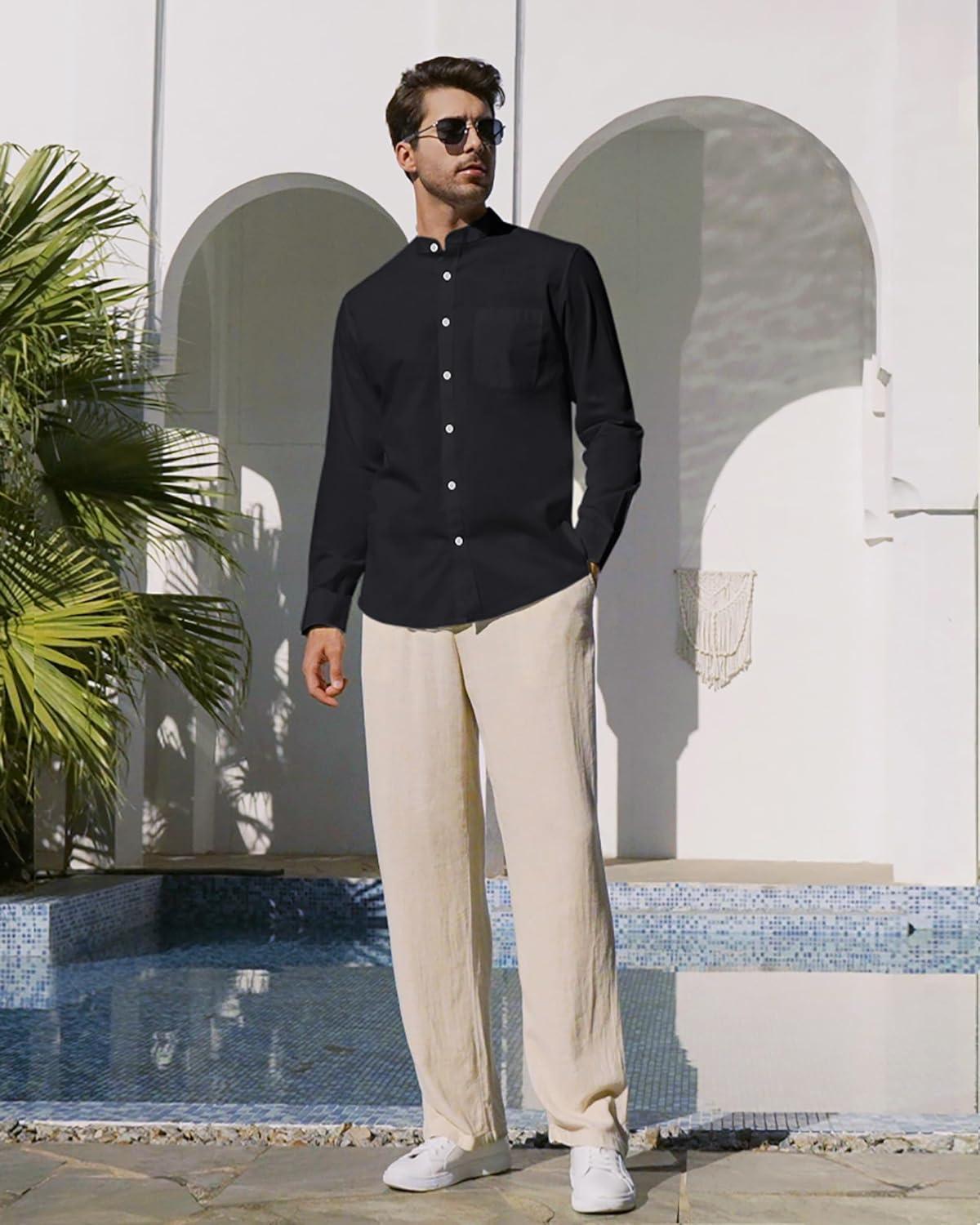 imageAlimens amp Gentle Mens Cotton Linen Shirts Long Sleeve Button Down Shirt Band Collar Beach ShirtsBlack