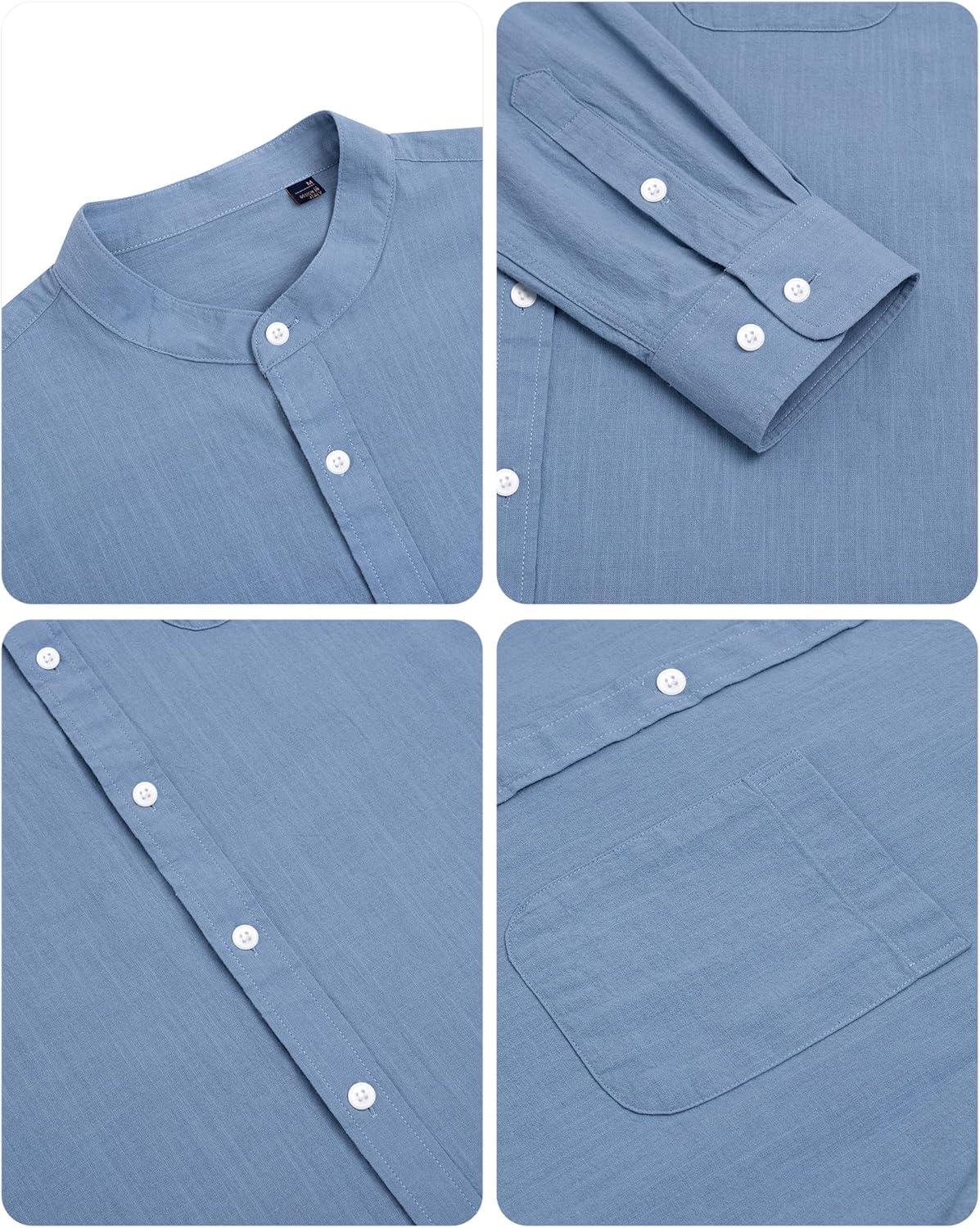 imageAlimens amp Gentle Mens Cotton Linen Shirts Long Sleeve Button Down Shirt Band Collar Beach ShirtsBlue Heaven