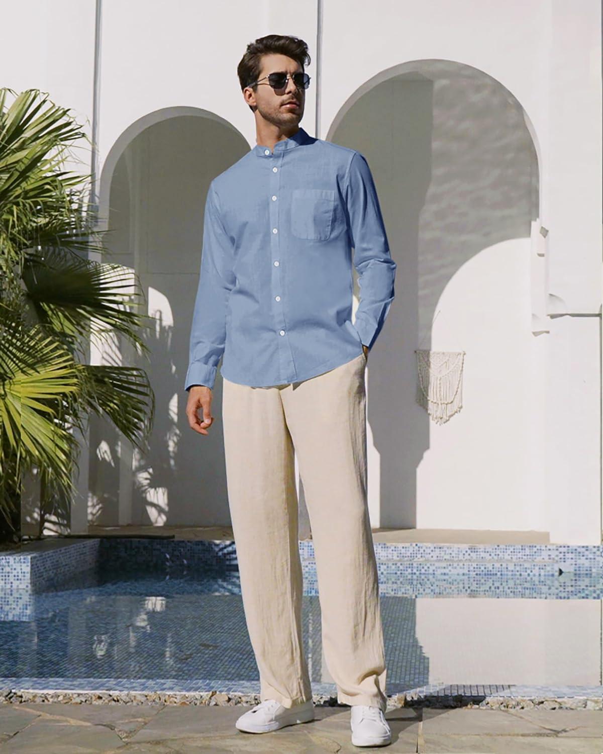 imageAlimens amp Gentle Mens Cotton Linen Shirts Long Sleeve Button Down Shirt Band Collar Beach ShirtsBlue Heaven