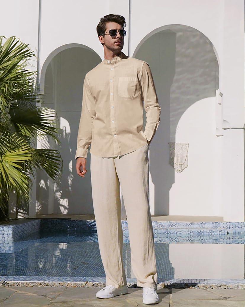 imageAlimens amp Gentle Mens Cotton Linen Shirts Long Sleeve Button Down Shirt Band Collar Beach ShirtsCamel