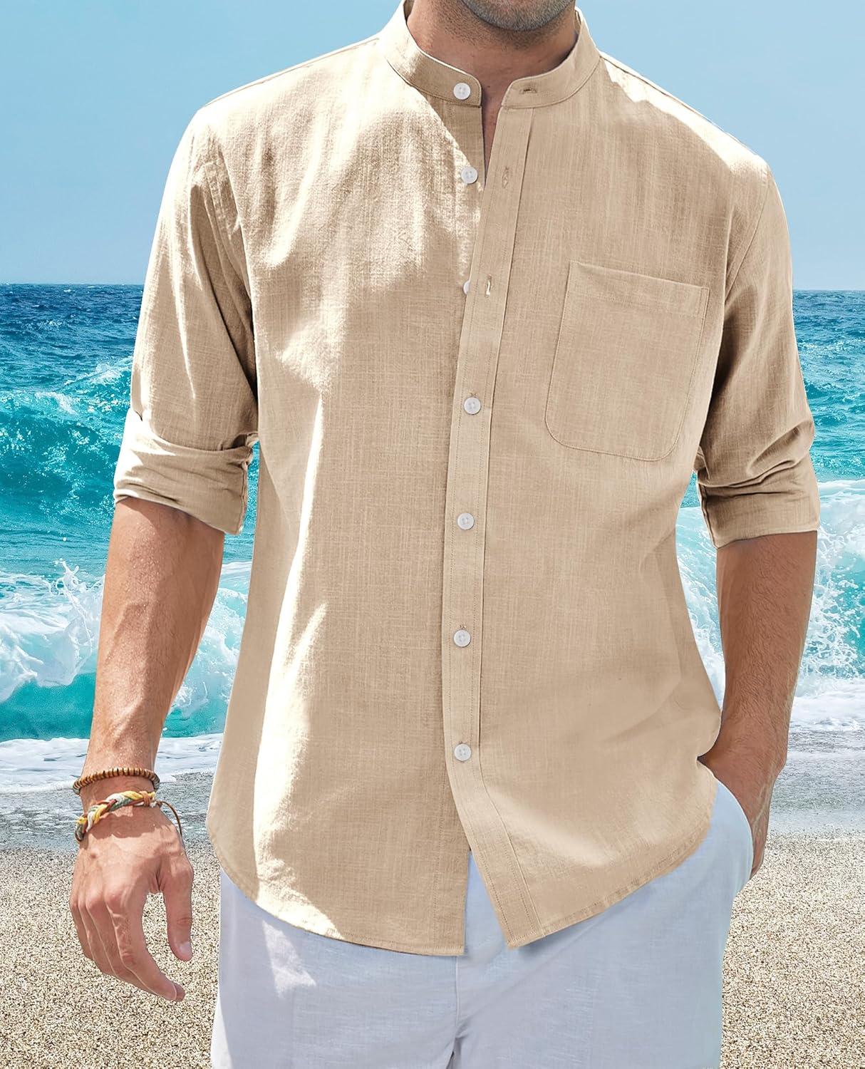 imageAlimens amp Gentle Mens Cotton Linen Shirts Long Sleeve Button Down Shirt Band Collar Beach ShirtsCamel
