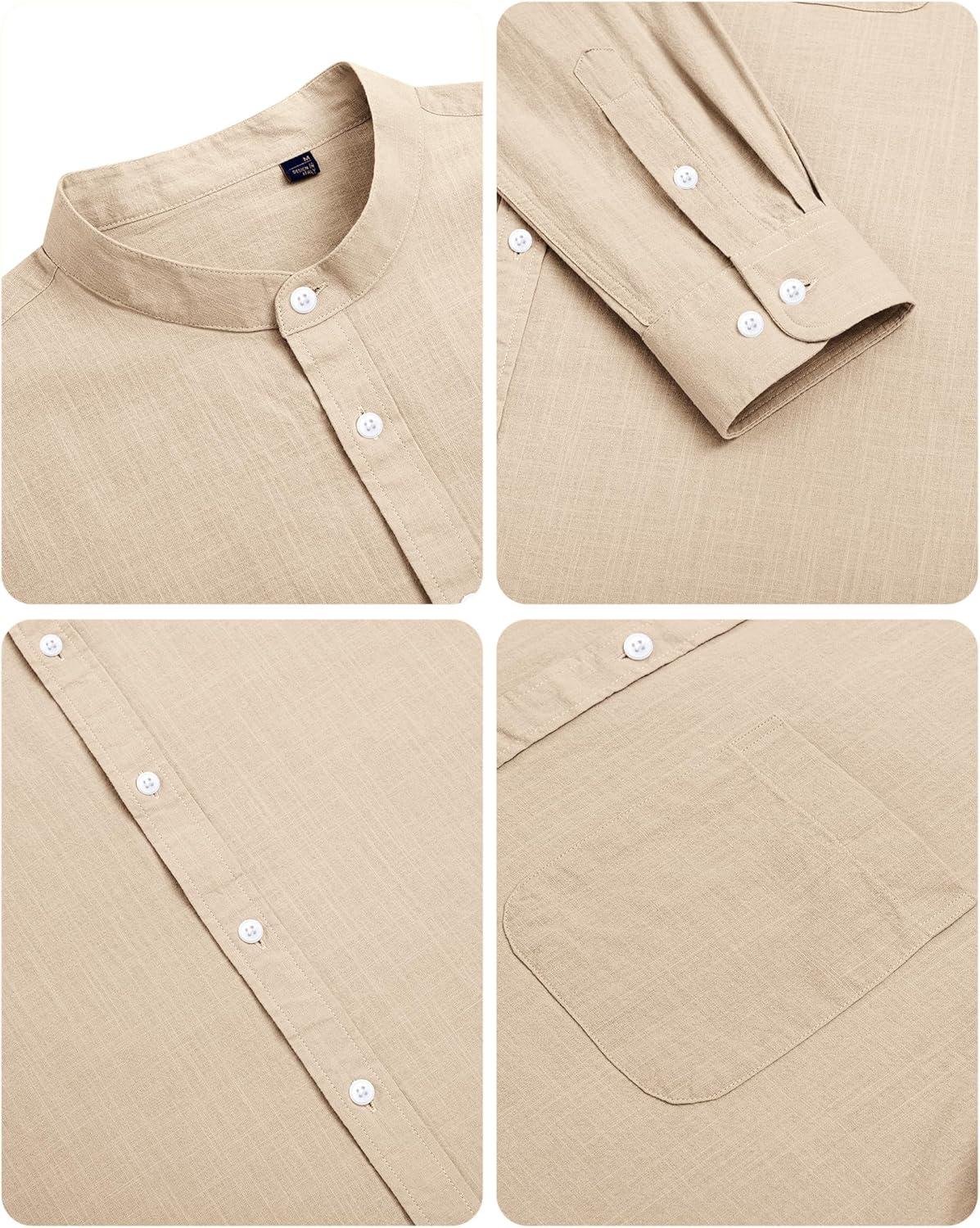 imageAlimens amp Gentle Mens Cotton Linen Shirts Long Sleeve Button Down Shirt Band Collar Beach ShirtsCamel