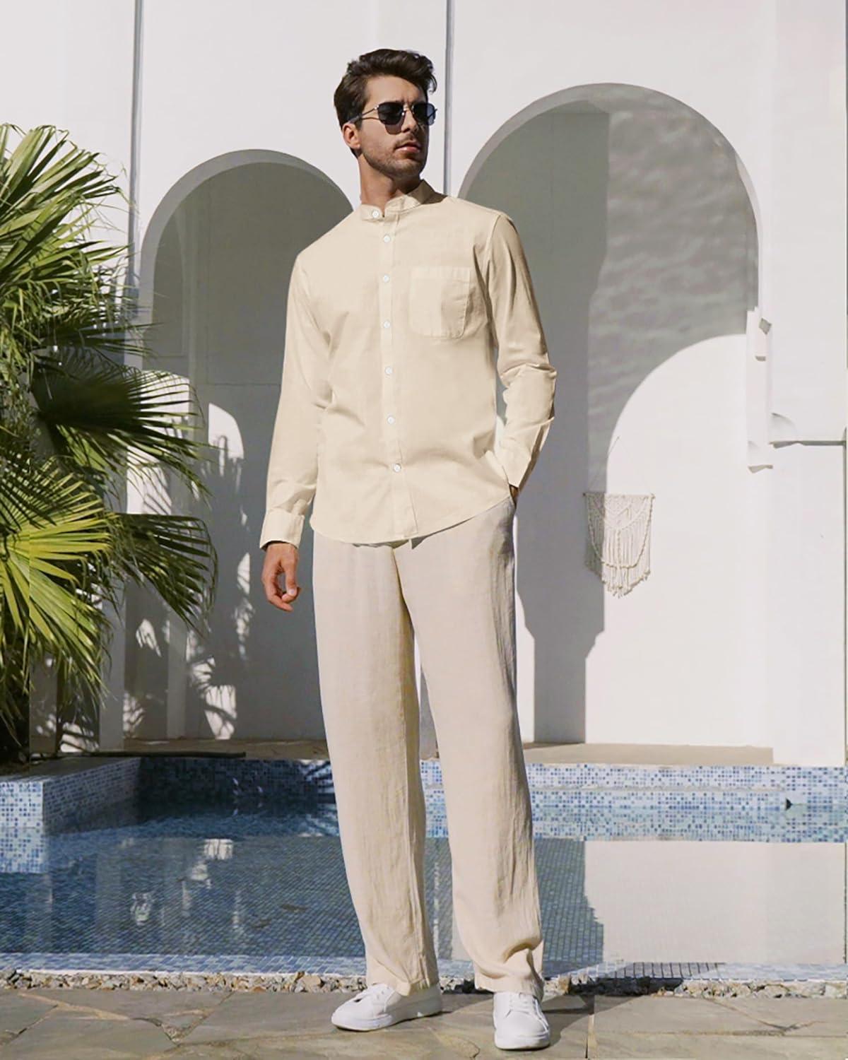 imageAlimens amp Gentle Mens Cotton Linen Shirts Long Sleeve Button Down Shirt Band Collar Beach ShirtsCloud Cream