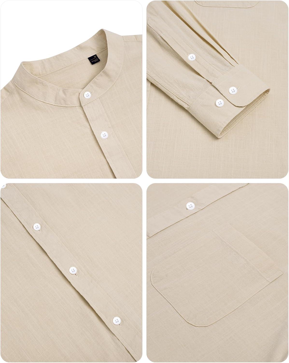 imageAlimens amp Gentle Mens Cotton Linen Shirts Long Sleeve Button Down Shirt Band Collar Beach ShirtsCloud Cream