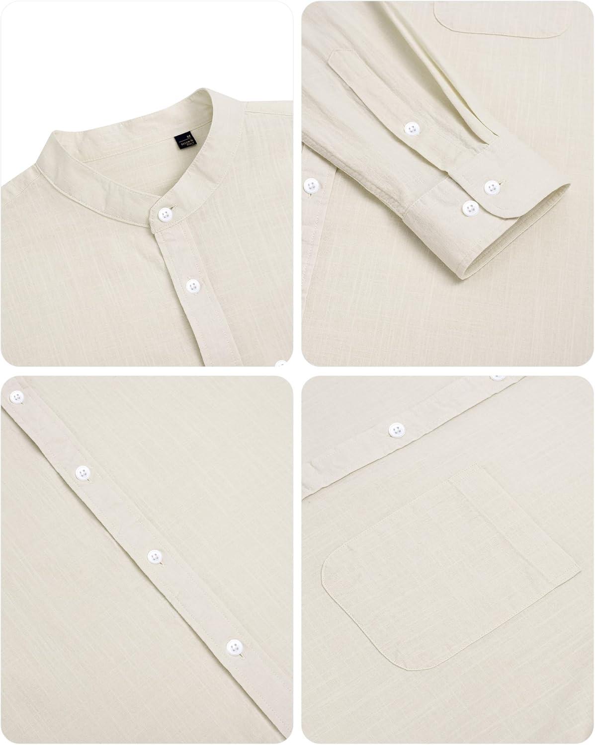 imageAlimens amp Gentle Mens Cotton Linen Shirts Long Sleeve Button Down Shirt Band Collar Beach ShirtsCreamy White